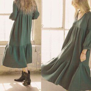 7 for All Mankind - 7FAM Cecilia Long-Sleeve Smock Maxi Dress | XS | Olive Green